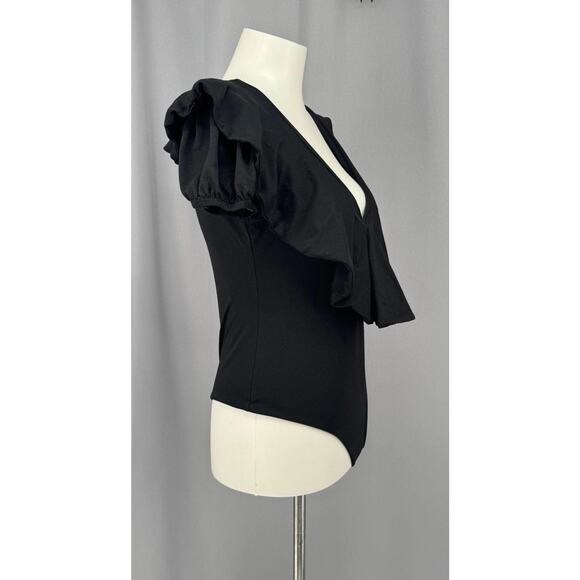 Susana Monaco Bodysuit Womens Medium Black Ruffle Deep V Puff Sleeve Made USA - Picture 2 of 8
